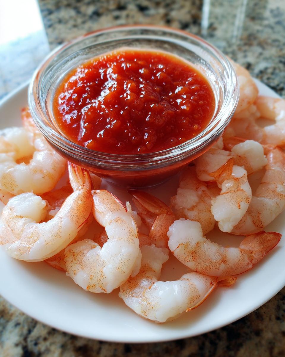 A plate of plump, cooked shrimp surrounding a small glass bowl of bright red shrimp cocktail sauce.
