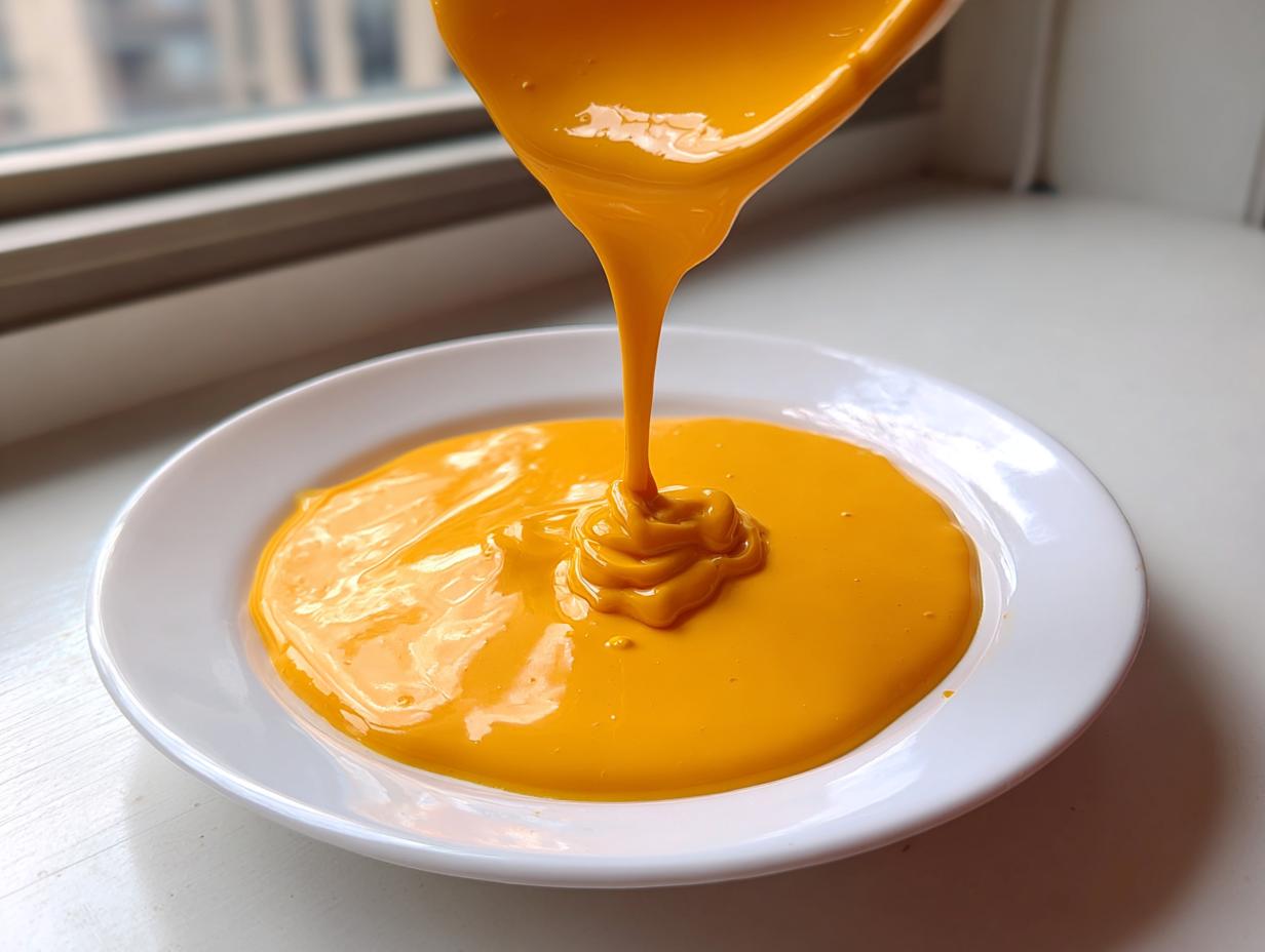 Close-up of bright orange nacho cheese sauce being poured from above onto a small white plate.
