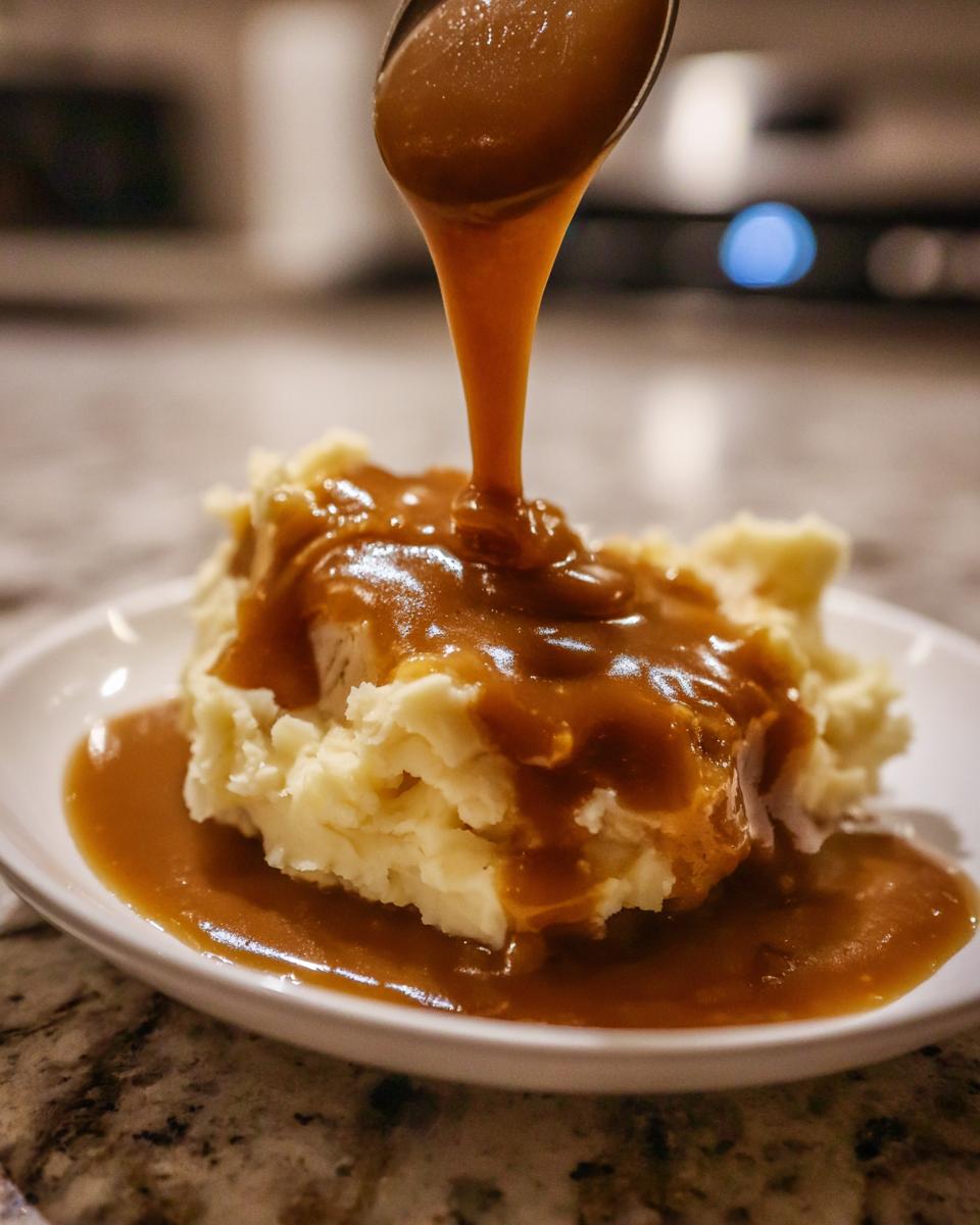 A spoonful of rich, brown chicken gravy is being poured over a mound of fluffy mashed potatoes on a white plate.
