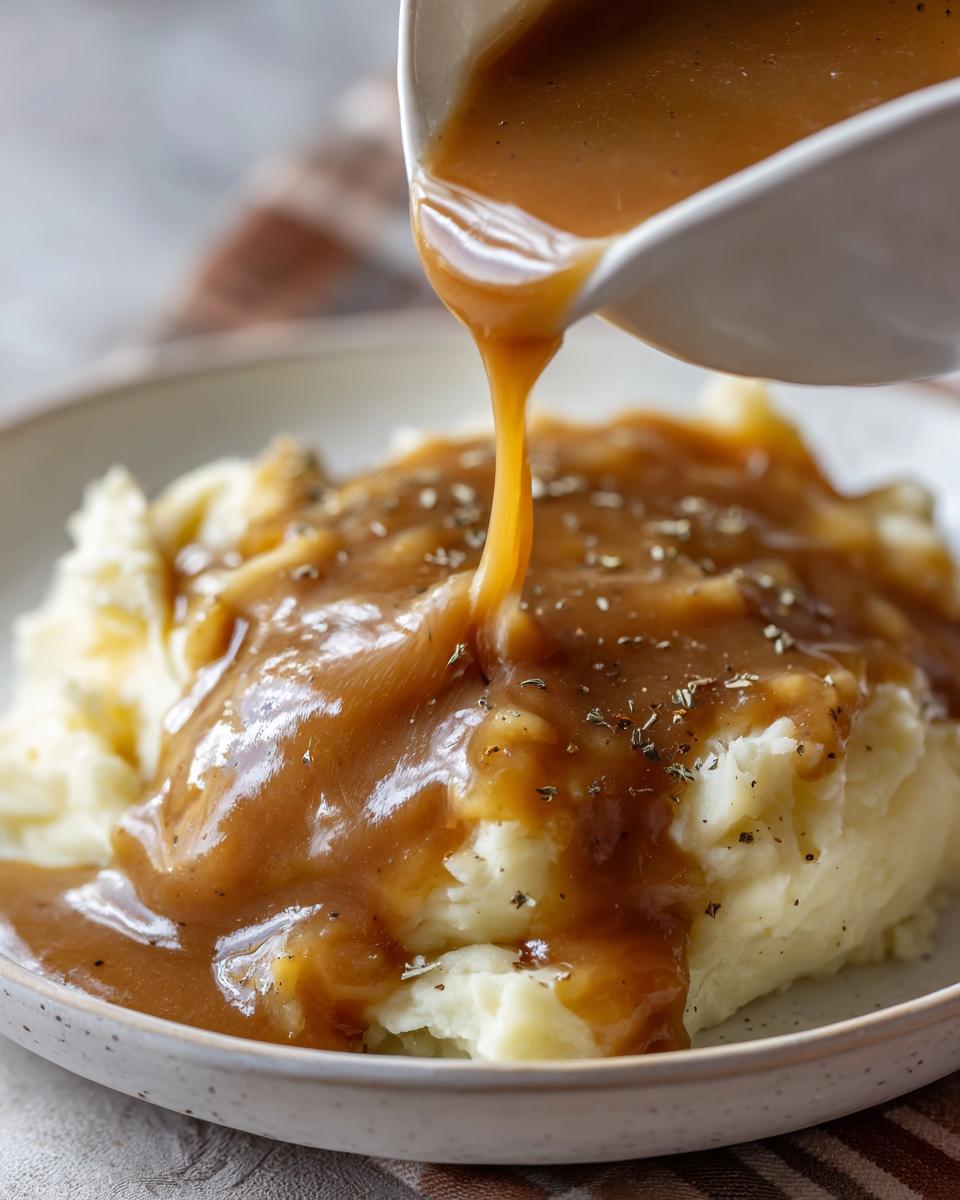 Thick, rich chicken gravy being poured from a white boat onto a mound of fluffy mashed potatoes.