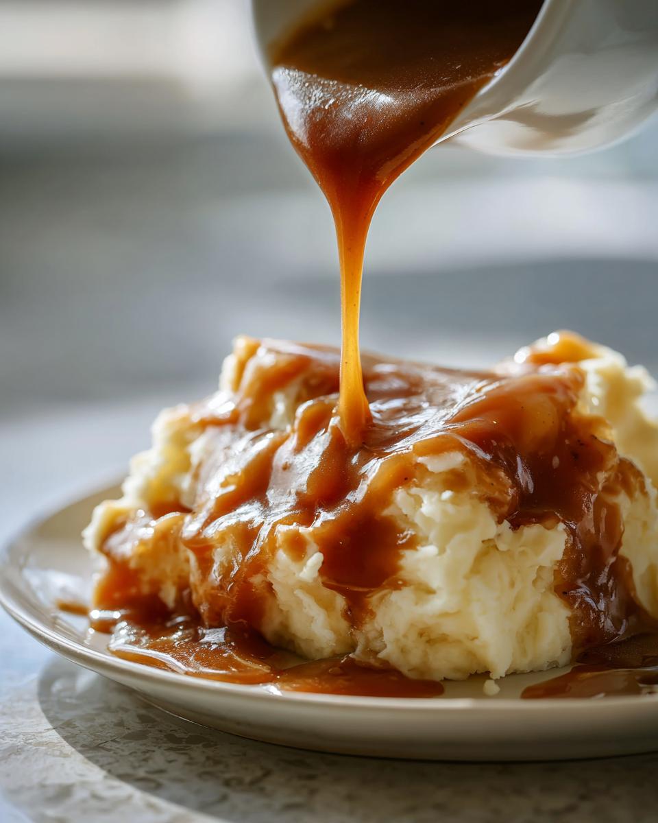 Thick, rich chicken gravy being poured from a white boat onto a mound of fluffy mashed potatoes.