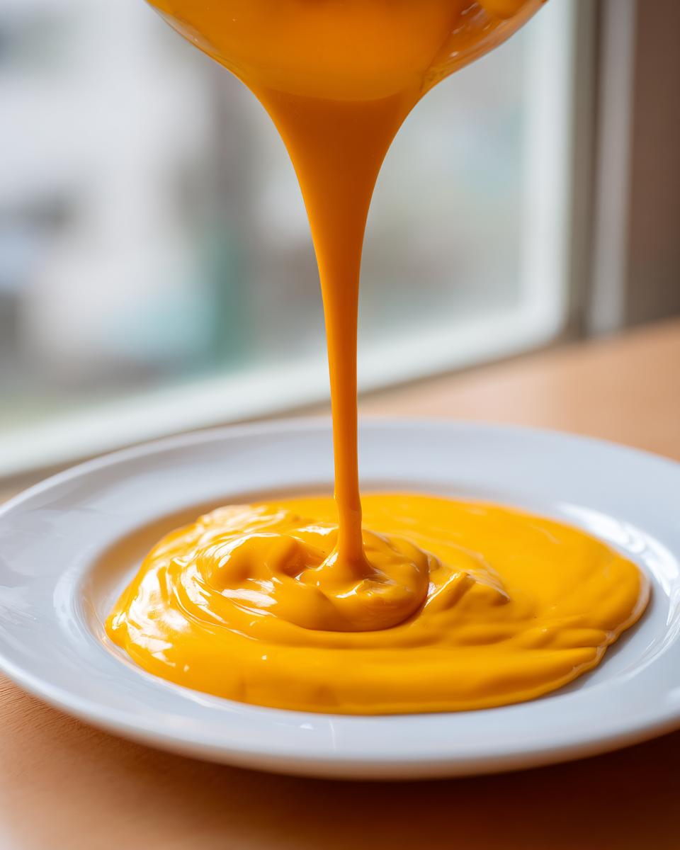 Close-up of thick, vibrant orange nacho cheese sauce being poured onto a white plate.