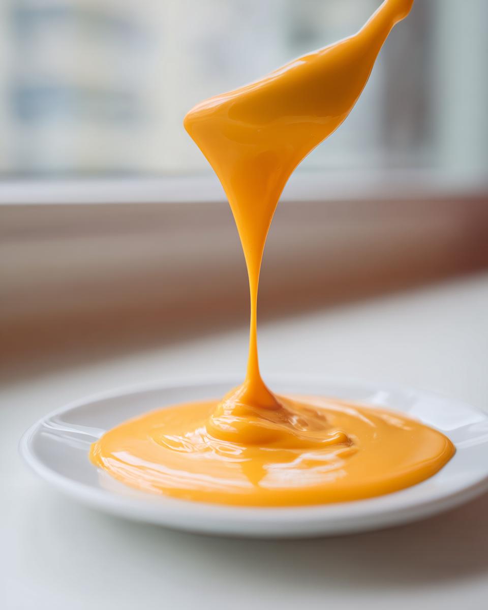 A spoonful of bright orange, smooth nacho cheese sauce is being drizzled onto a small white plate.