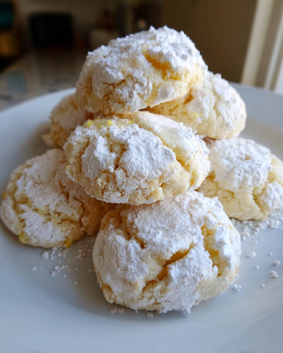 A close-up stack of soft, crinkle-top lemon cookies heavily dusted with powdered sugar.