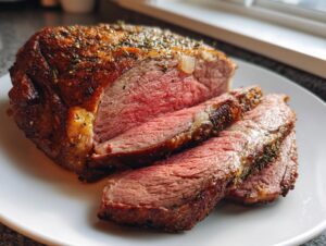 A beautifully roasted prime rib recipe, sliced to show a perfect medium-rare center and herb-crusted exterior.