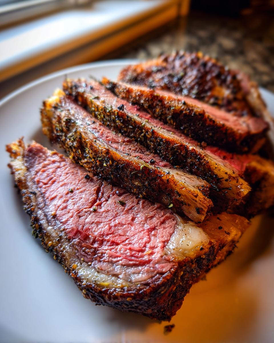Close-up of several thick slices of medium-rare prime rib recipe roast with a dark, herbed crust.