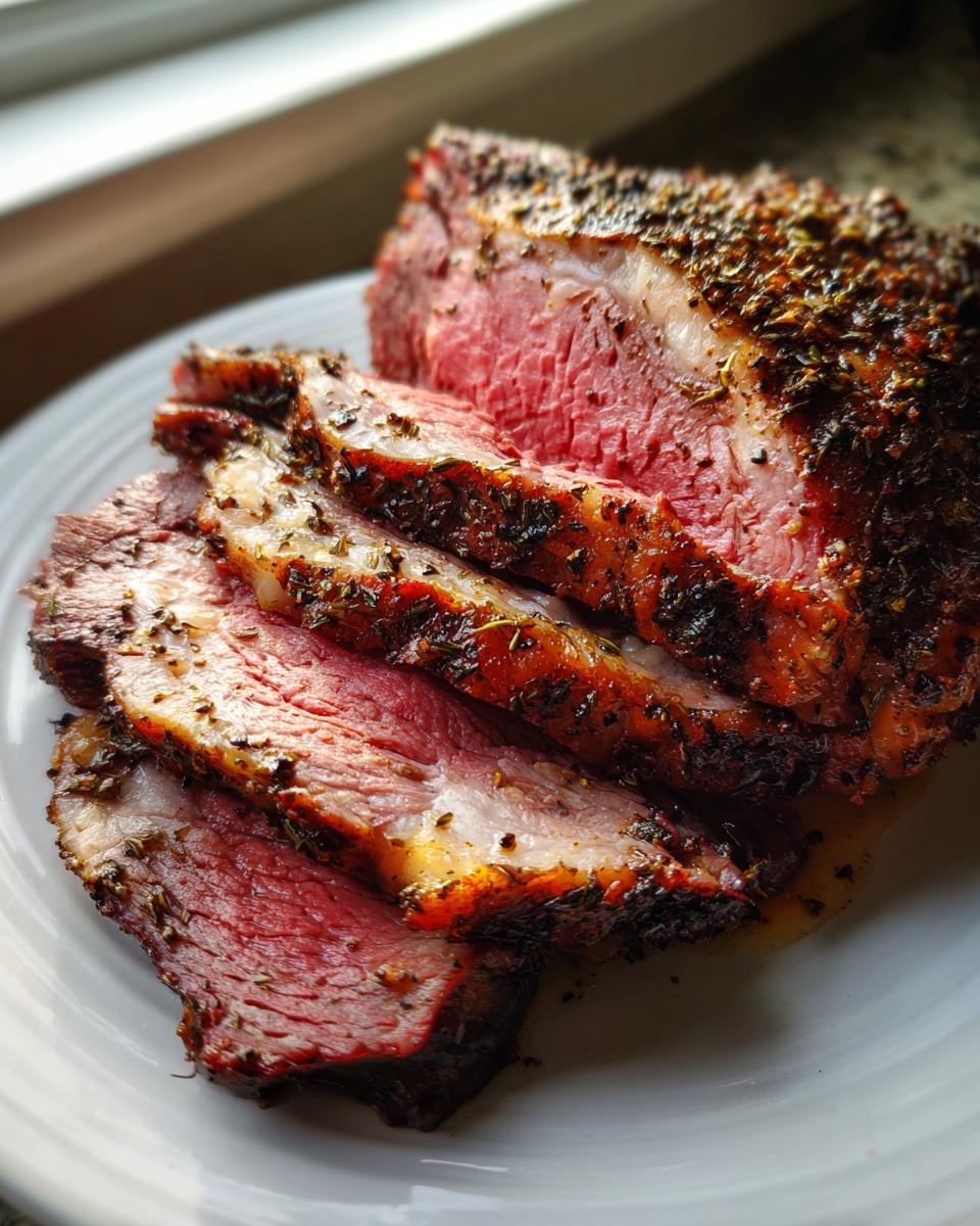 Close-up of medium-rare prime rib recipe slices with a dark herb crust on a white plate.