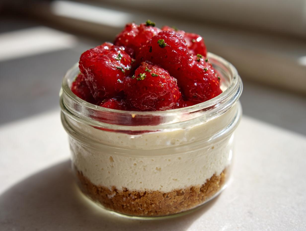 Close-up of a single serving Protein Cheesecake in a jar with graham cracker crust and fresh strawberries.