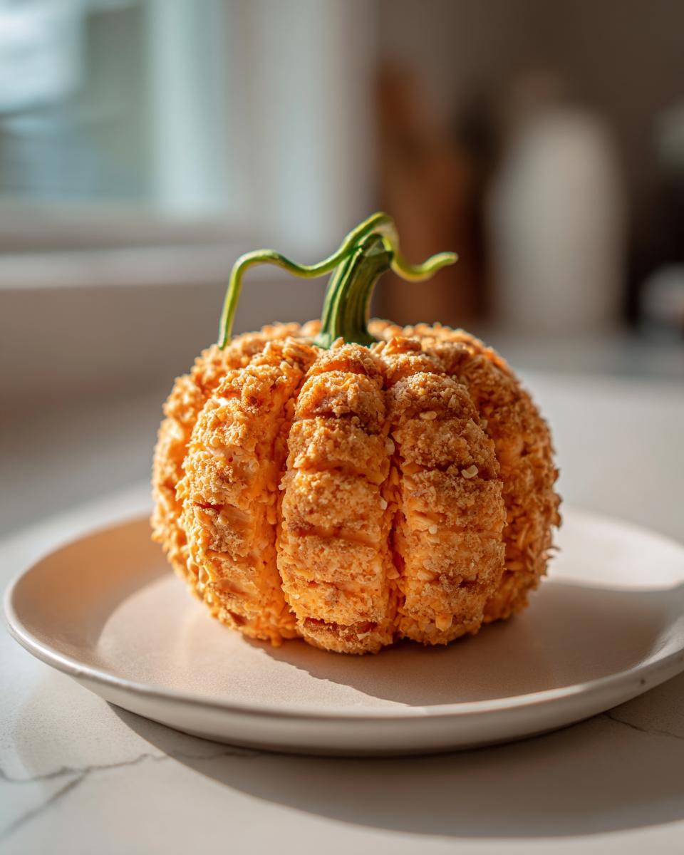 A beautifully shaped pumpkin cheese ball coated in nuts, sitting on a light plate.
