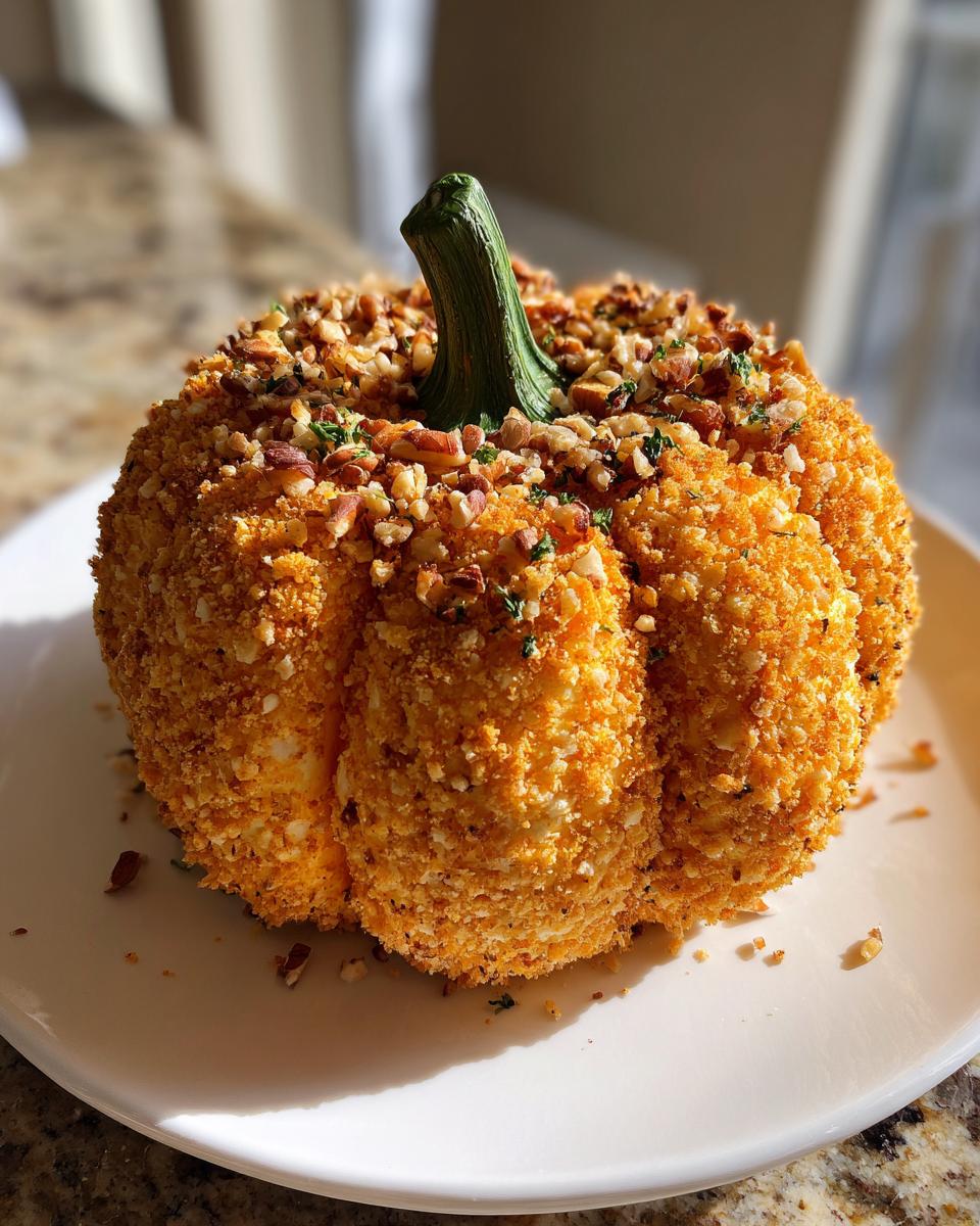 A beautifully shaped pumpkin cheese ball coated in orange crumbs and chopped nuts, featuring a green stem.