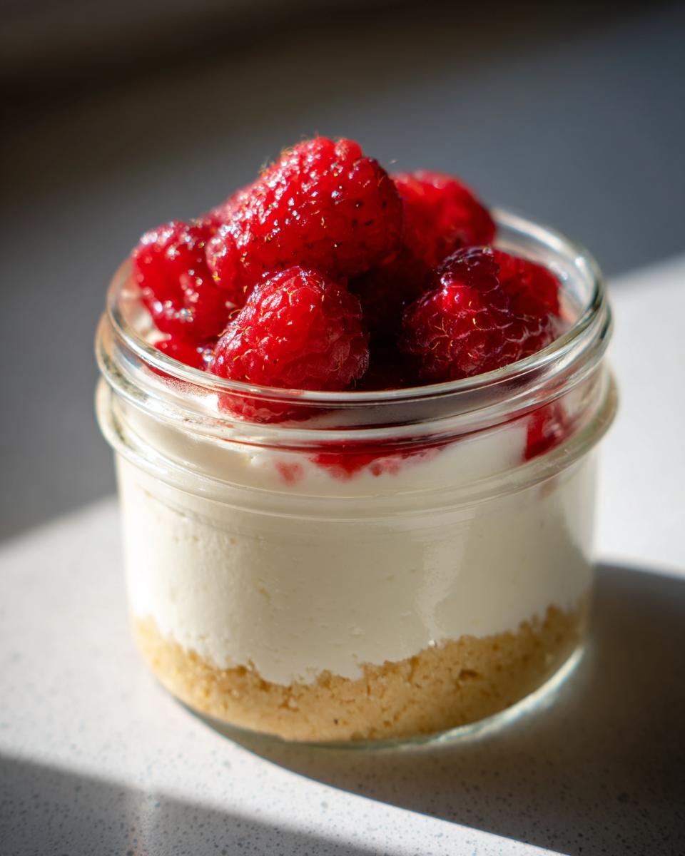 Individual serving of Protein Cheesecake layered with a crust and topped with fresh raspberries.