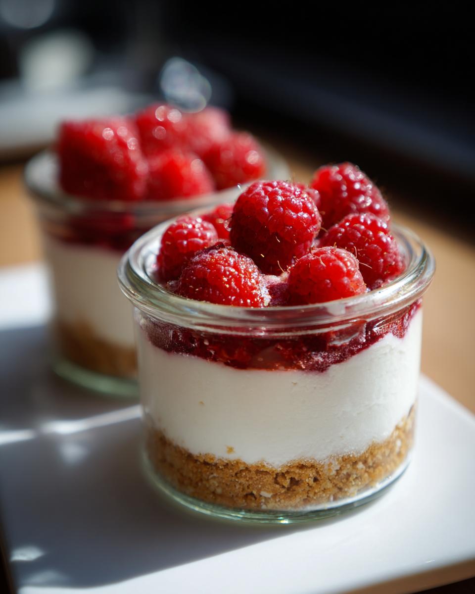 Close-up of individual Protein Cheesecake portions topped with fresh raspberries in glass jars.