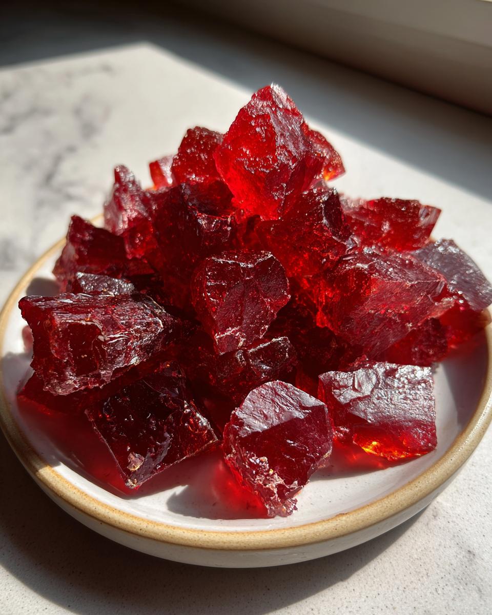 A pile of deep red, jagged chunks of homemade cinnamon rock candy glistening in the sunlight.