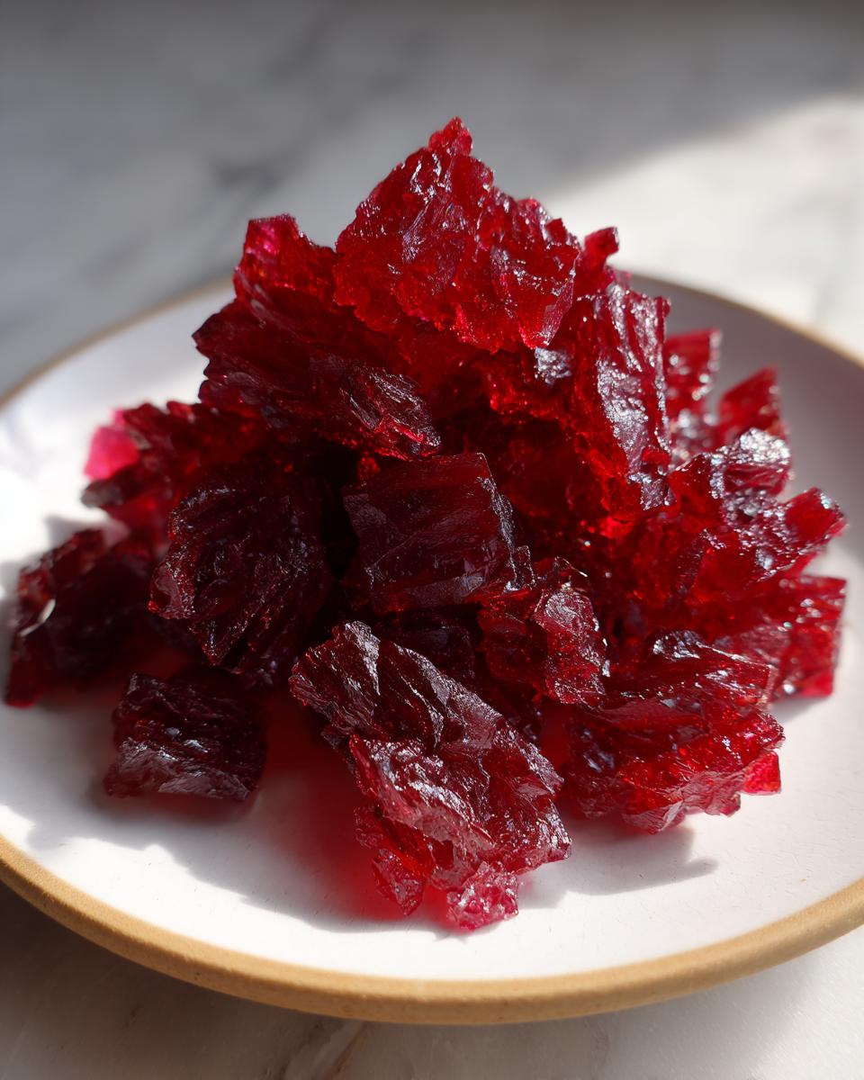 A pile of intensely red, crystalline pieces of homemade cinnamon rock candy resting on a white plate.
