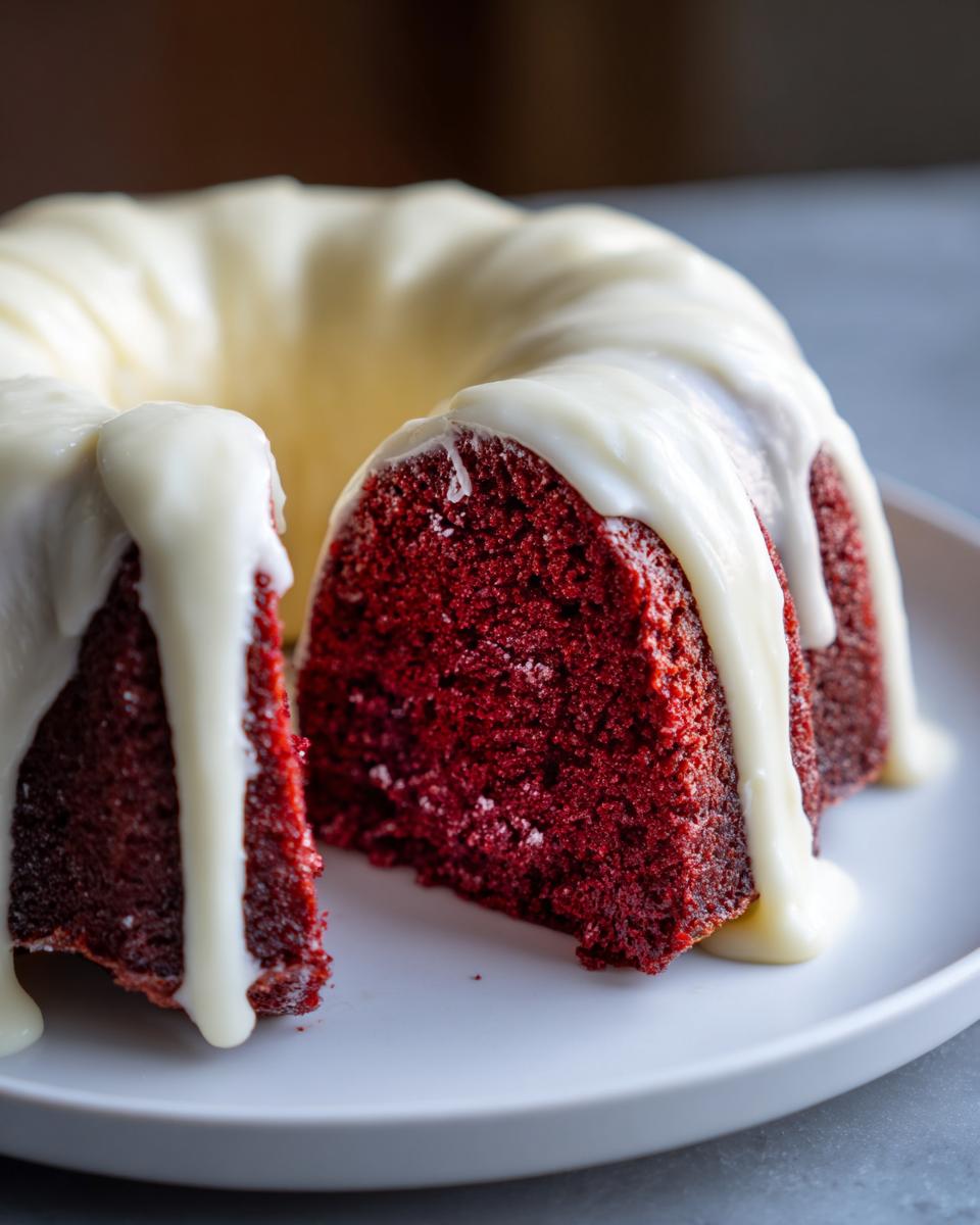 A slice cut from a vibrant red velvet bundt cake topped with thick, dripping white cream cheese glaze.