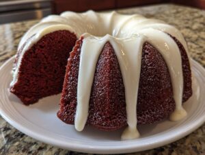 A rich, deep red velvet bundt cake drizzled with thick white cream cheese glaze, served on a white plate.
