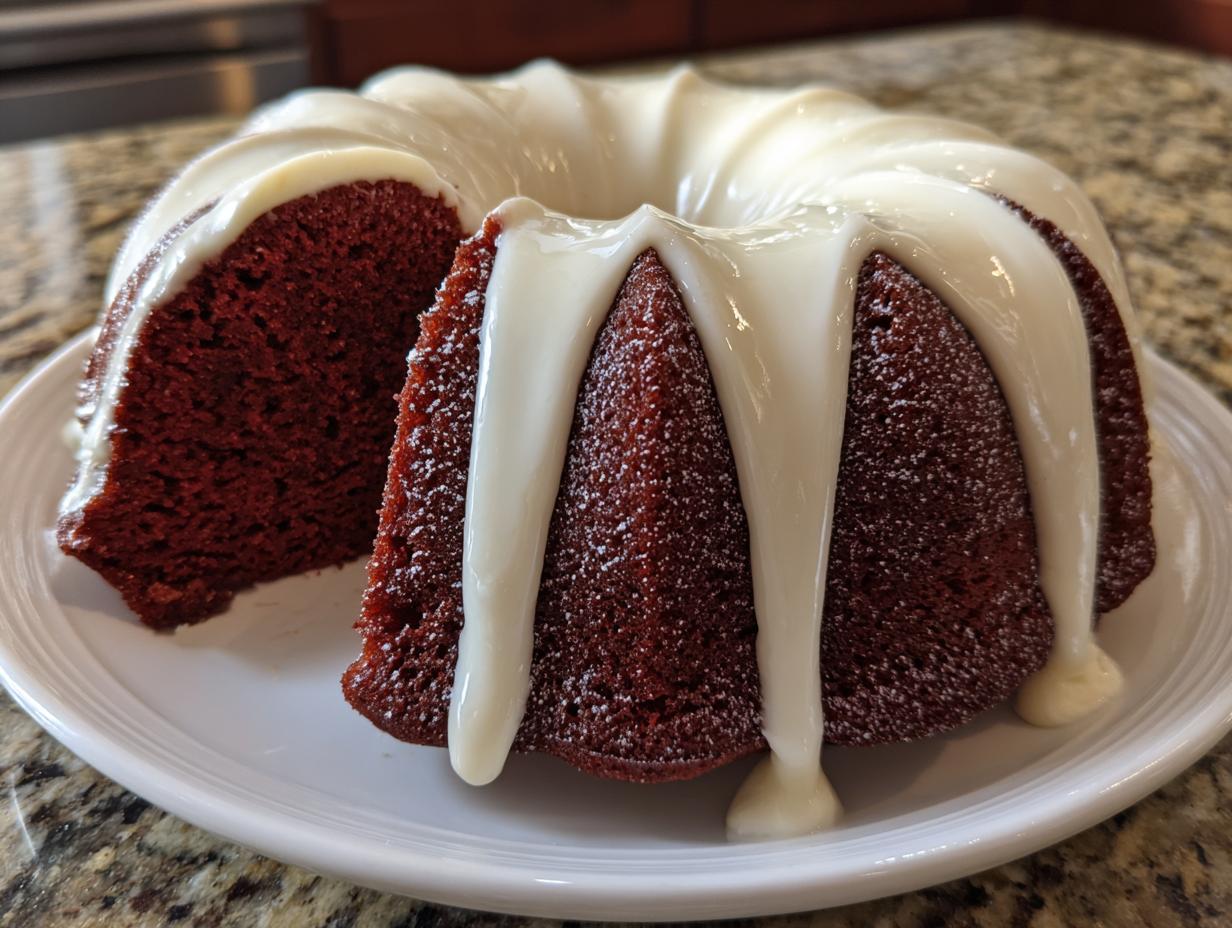 A rich, deep red velvet bundt cake drizzled with thick white cream cheese glaze, served on a white plate.