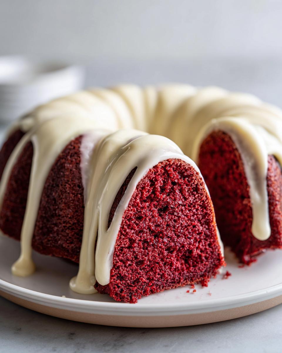 Close-up of a slice cut from a vibrant red velvet bundt cake topped with thick, dripping white glaze.