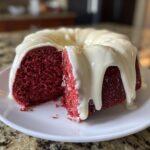 A slice cut from a vibrant red velvet bundt cake topped with thick, dripping cream cheese glaze.