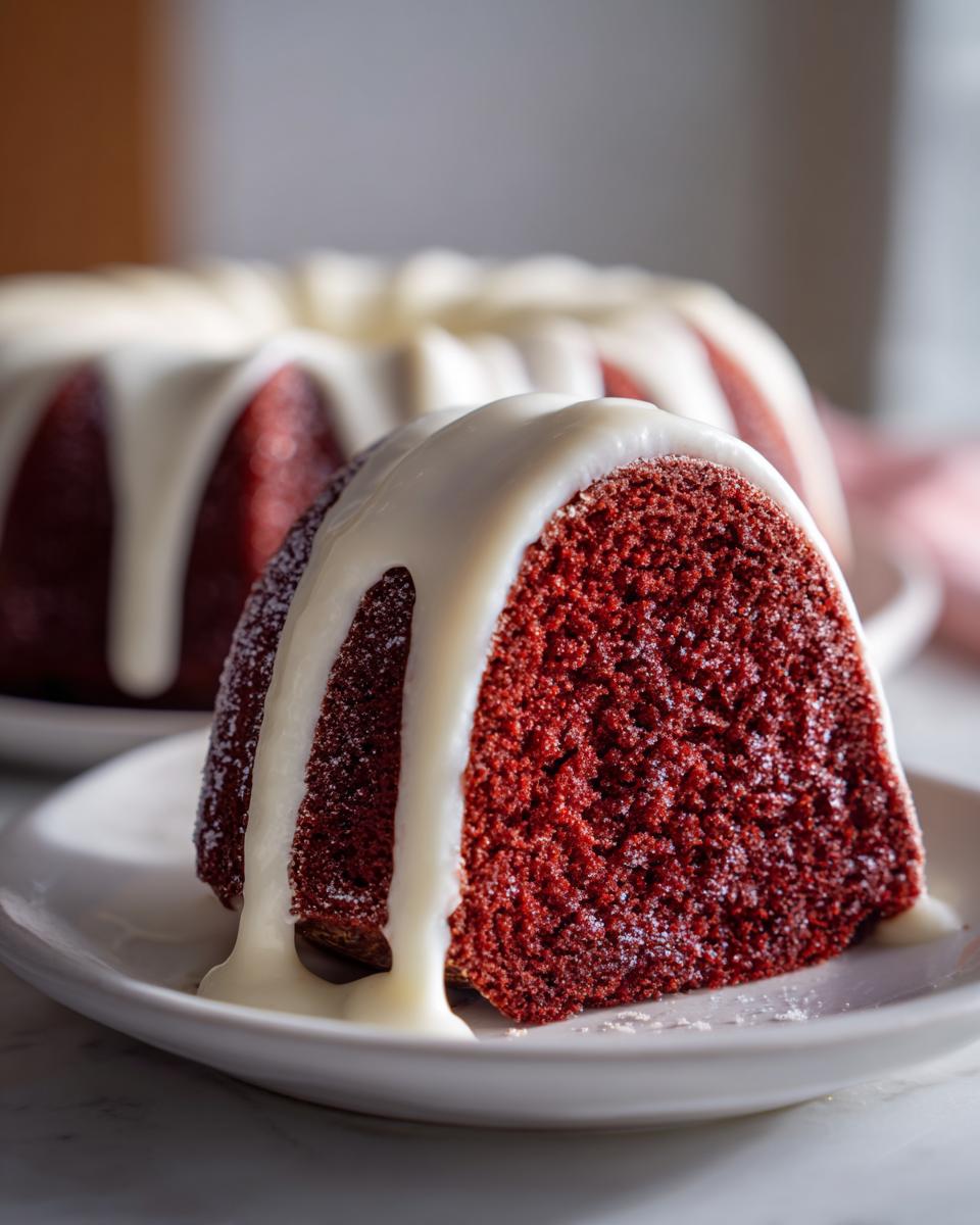 Close-up of a moist slice of red velvet bundt cake covered in thick white glaze.