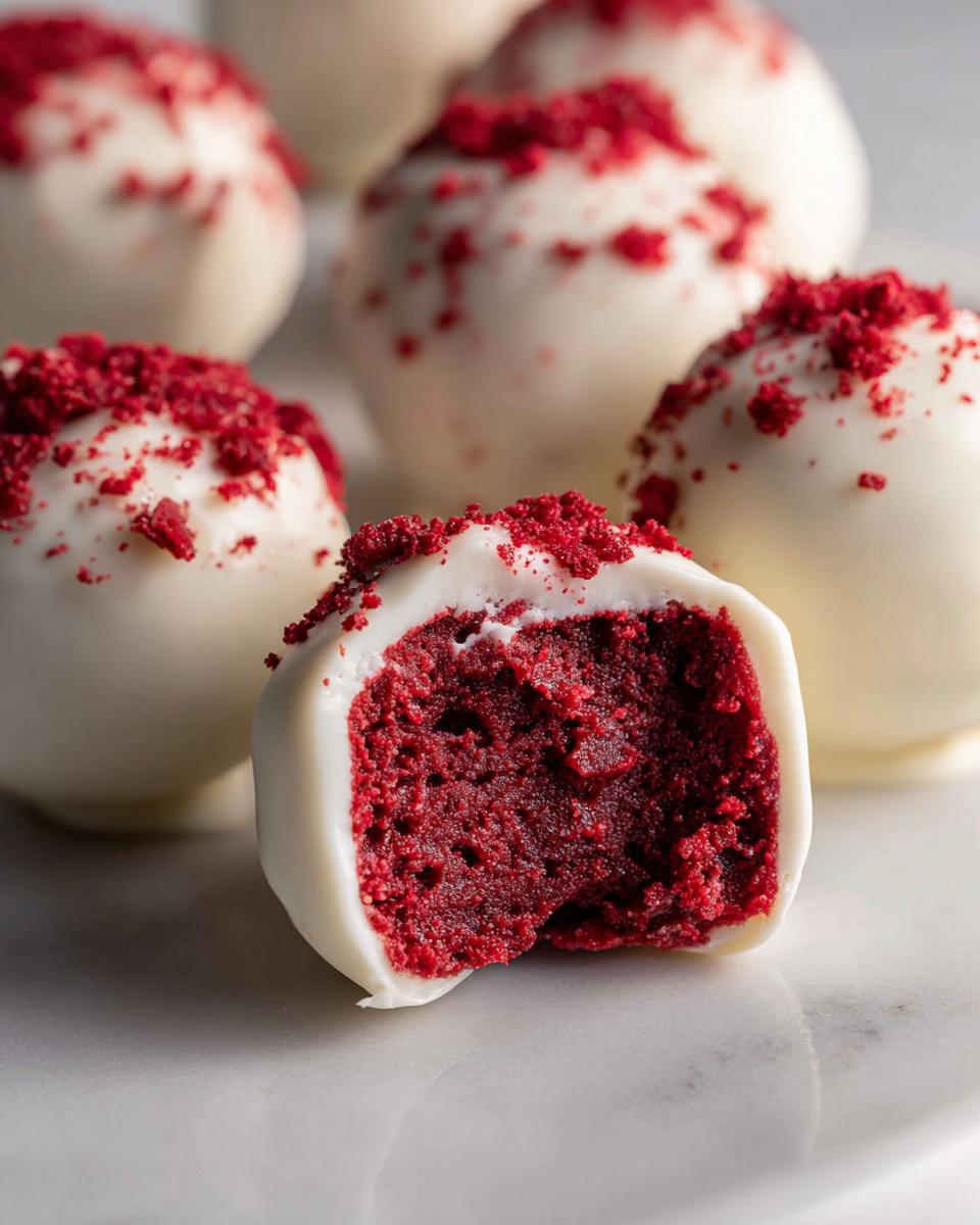 Close-up of a red velvet cake ball cut in half showing the rich red interior coated in white chocolate and sprinkled with red crumbs.