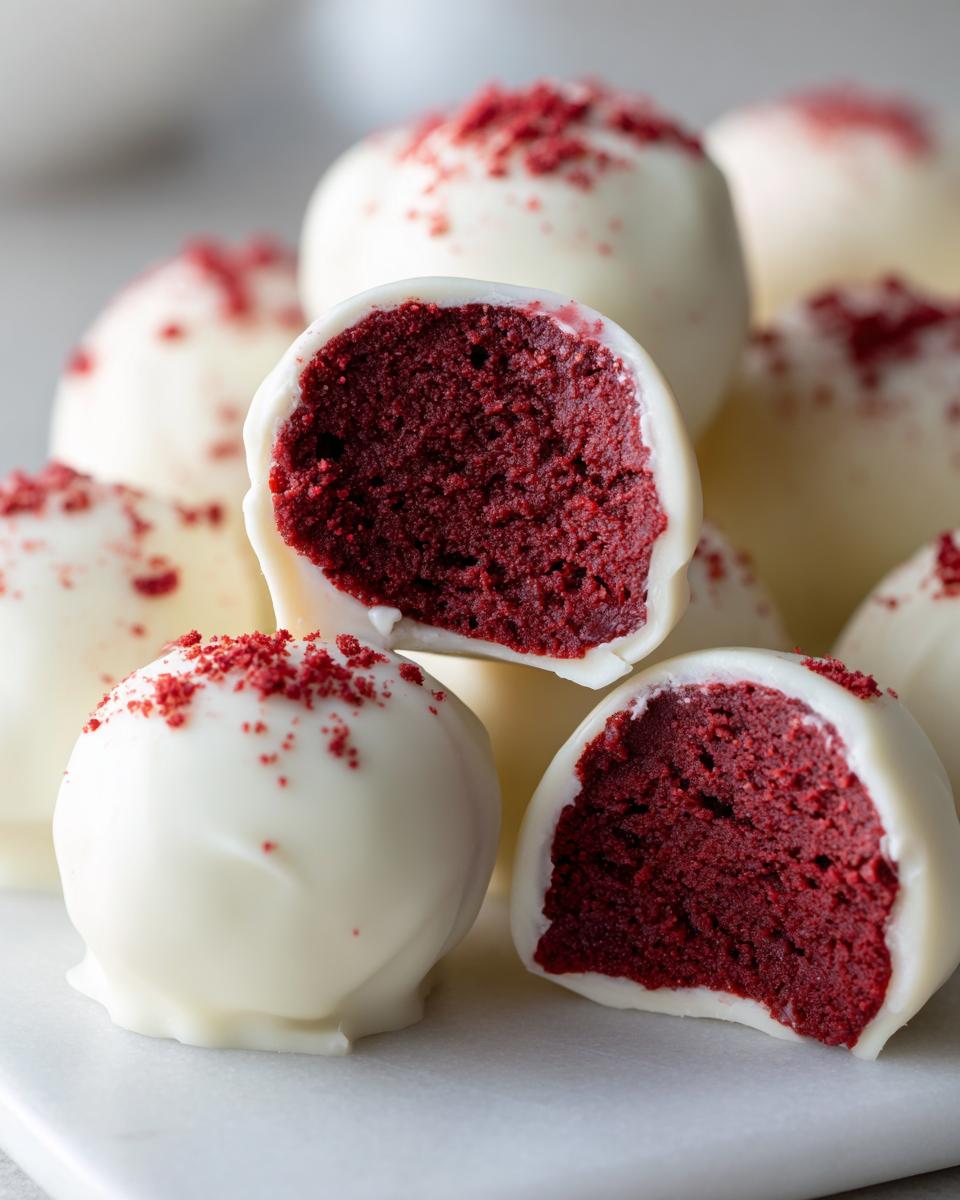 Close-up of red velvet cake balls coated in white chocolate, one is cut open revealing the deep red interior.