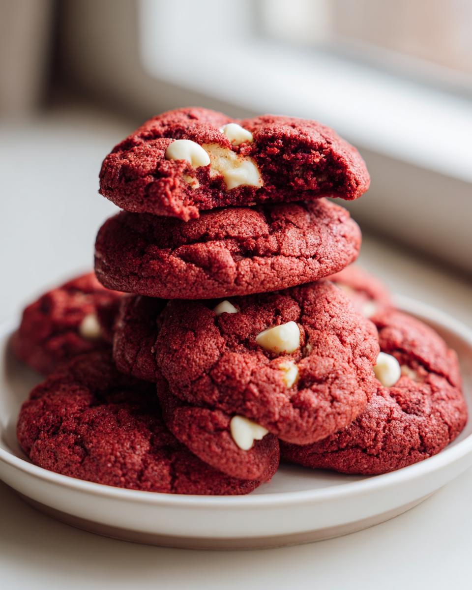 A stack of vibrant red velvet cake mix cookies studded with white chocolate chips, one cookie broken open.