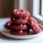 A stack of four rich, deep red velvet cake mix cookies studded with white chocolate chips, resting on a white plate.