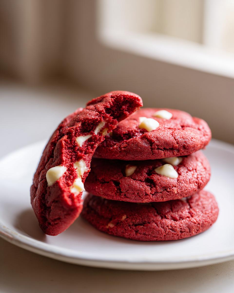 A stack of three vibrant red velvet cake mix cookies with white chocolate chips, one broken open showing the soft interior.