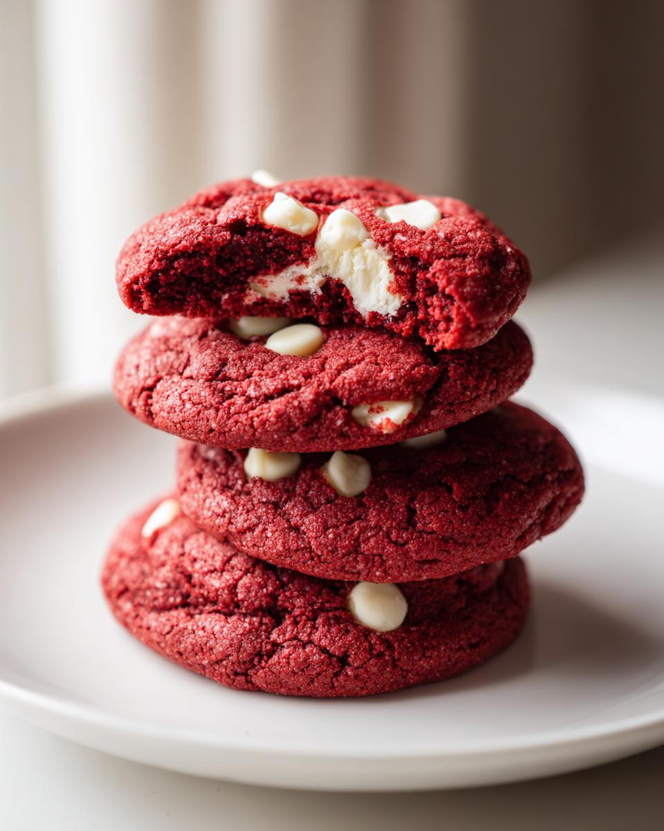 A stack of four vibrant red velvet cake mix cookies with white chocolate chips, one on top is broken open.