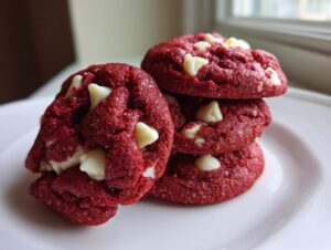 A stack of four vibrant red velvet cake mix cookies studded with white chocolate chips, resting on a white plate.