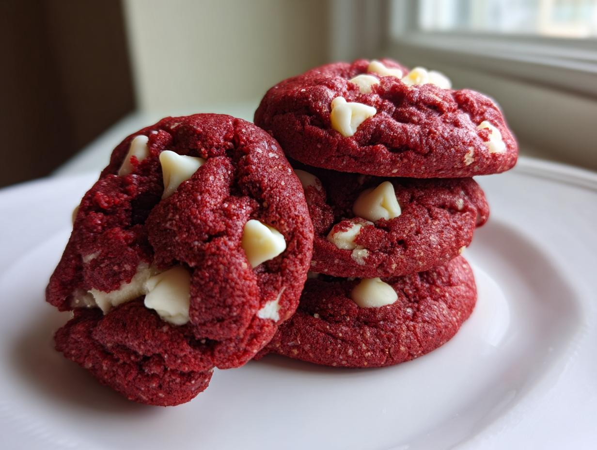 A stack of four vibrant red velvet cake mix cookies studded with white chocolate chips, resting on a white plate.