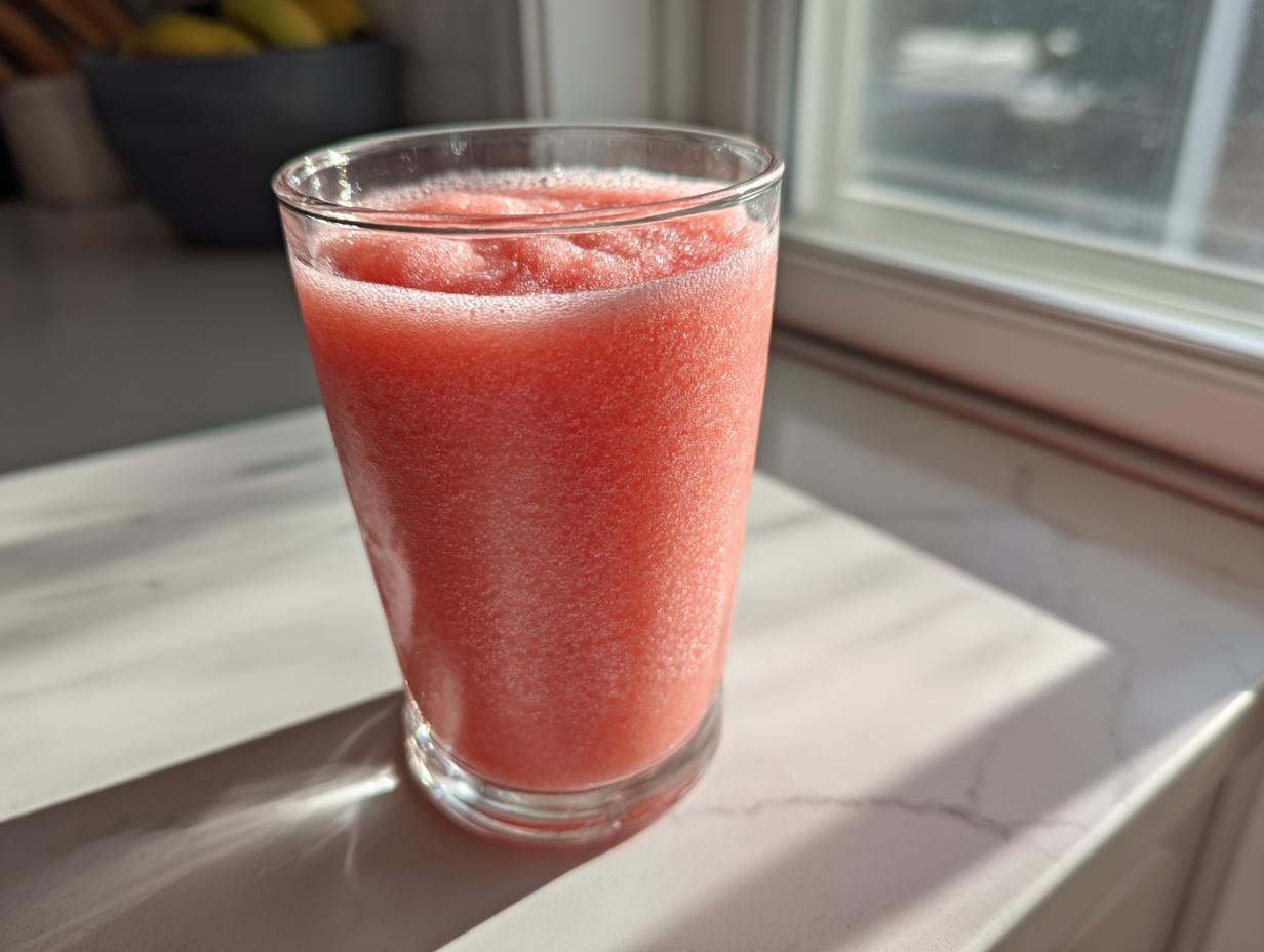 A tall glass filled with a bright pink, icy watermelon smoothie sitting on a white countertop near a window.