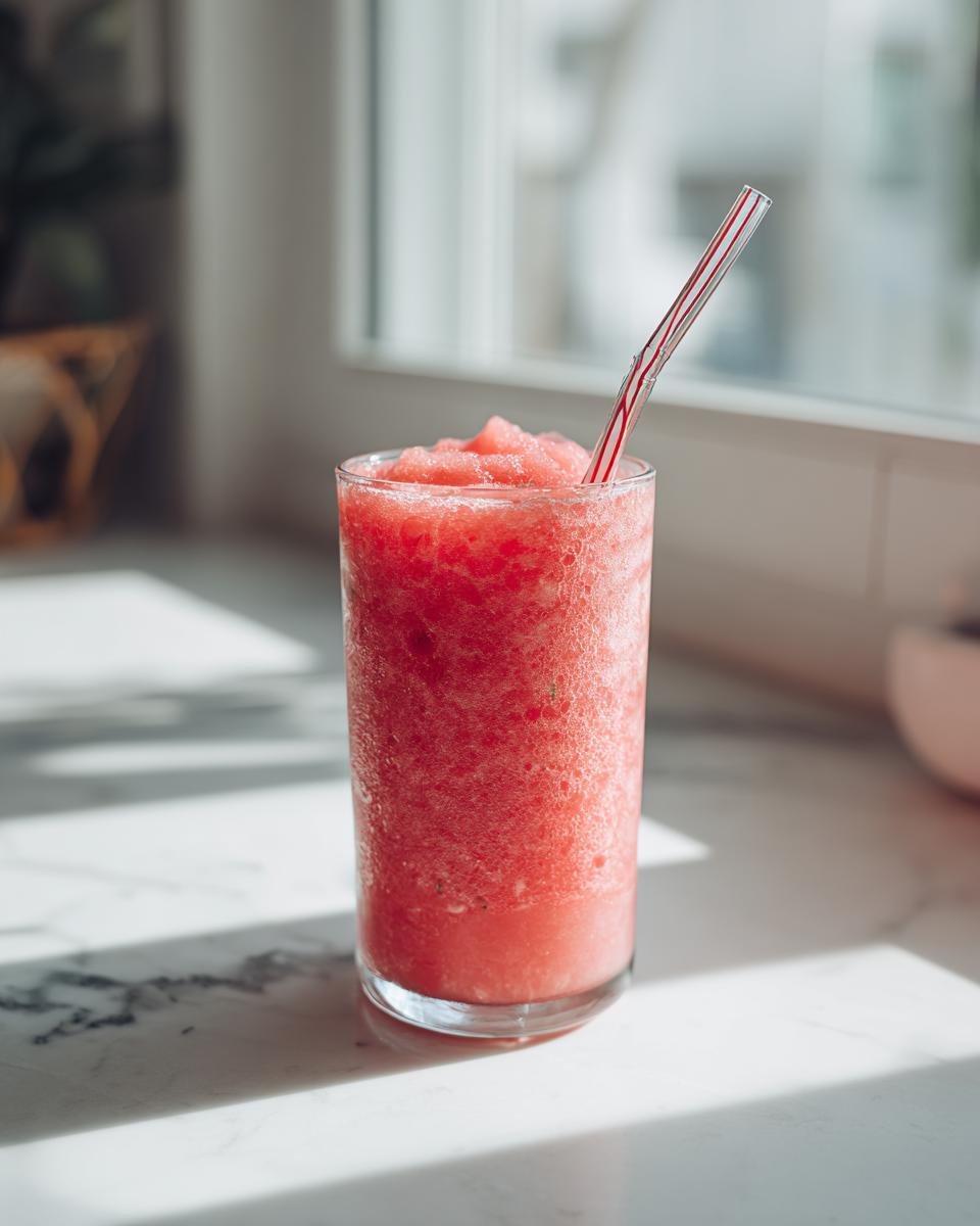 A tall glass filled with a bright pink, icy watermelon smoothie, served with a striped straw.