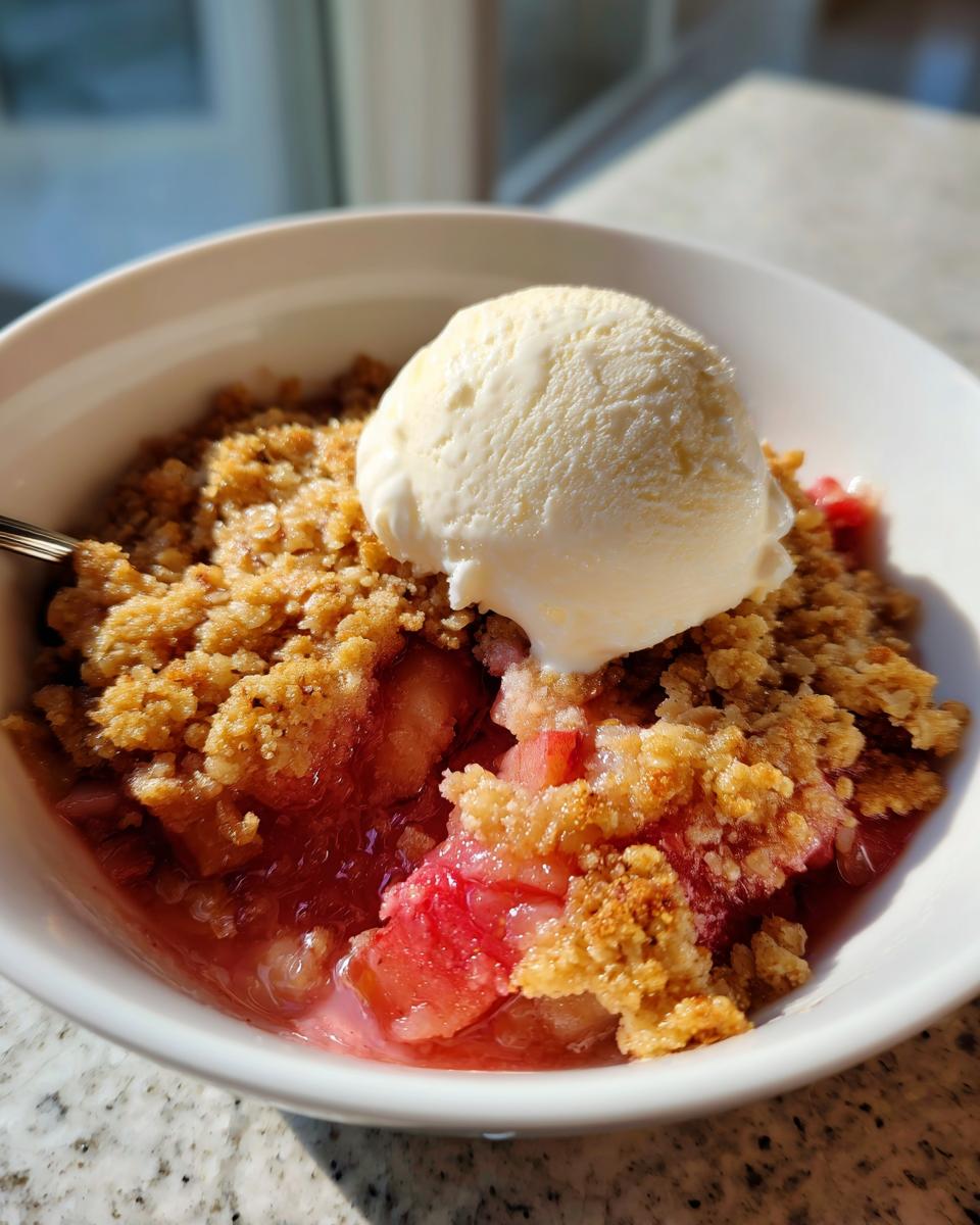 A close-up of a warm serving of rhubarb crisp topped with a scoop of vanilla ice cream in a white bowl.