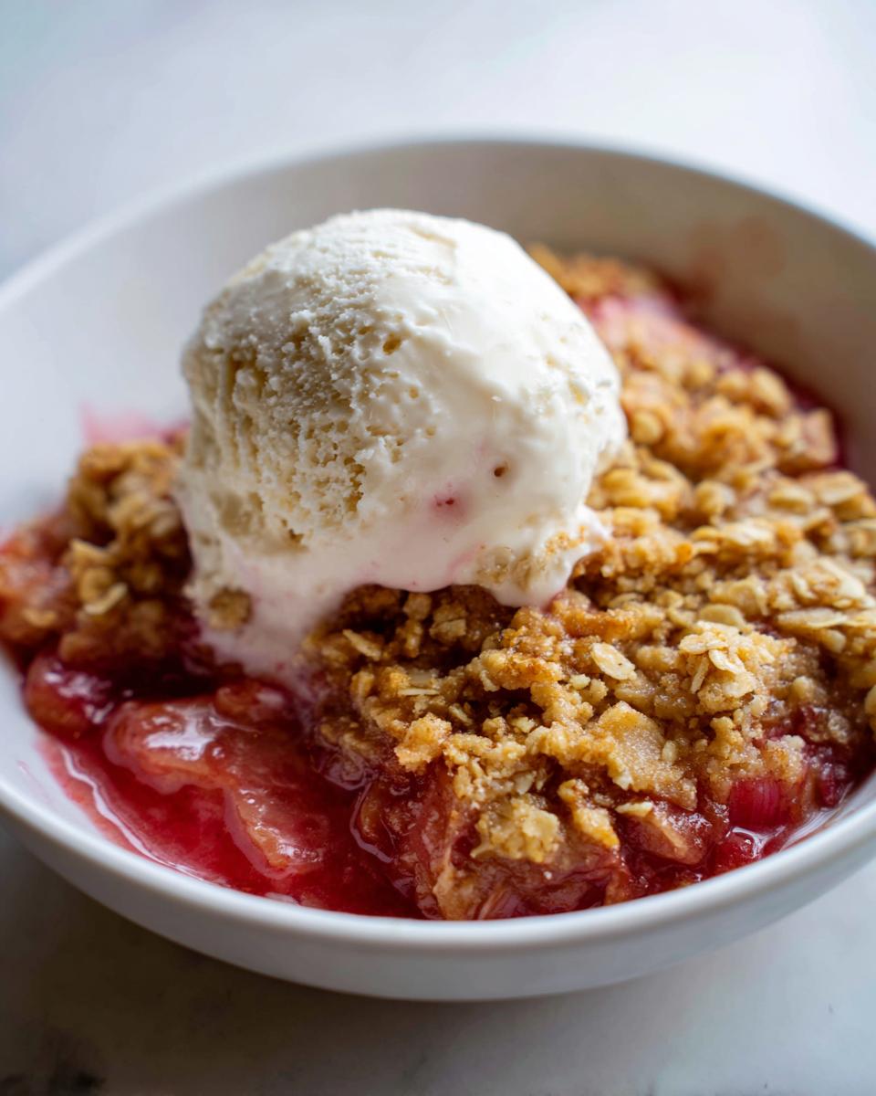 Close-up of a warm rhubarb crisp topped with a melting scoop of vanilla ice cream in a white bowl.