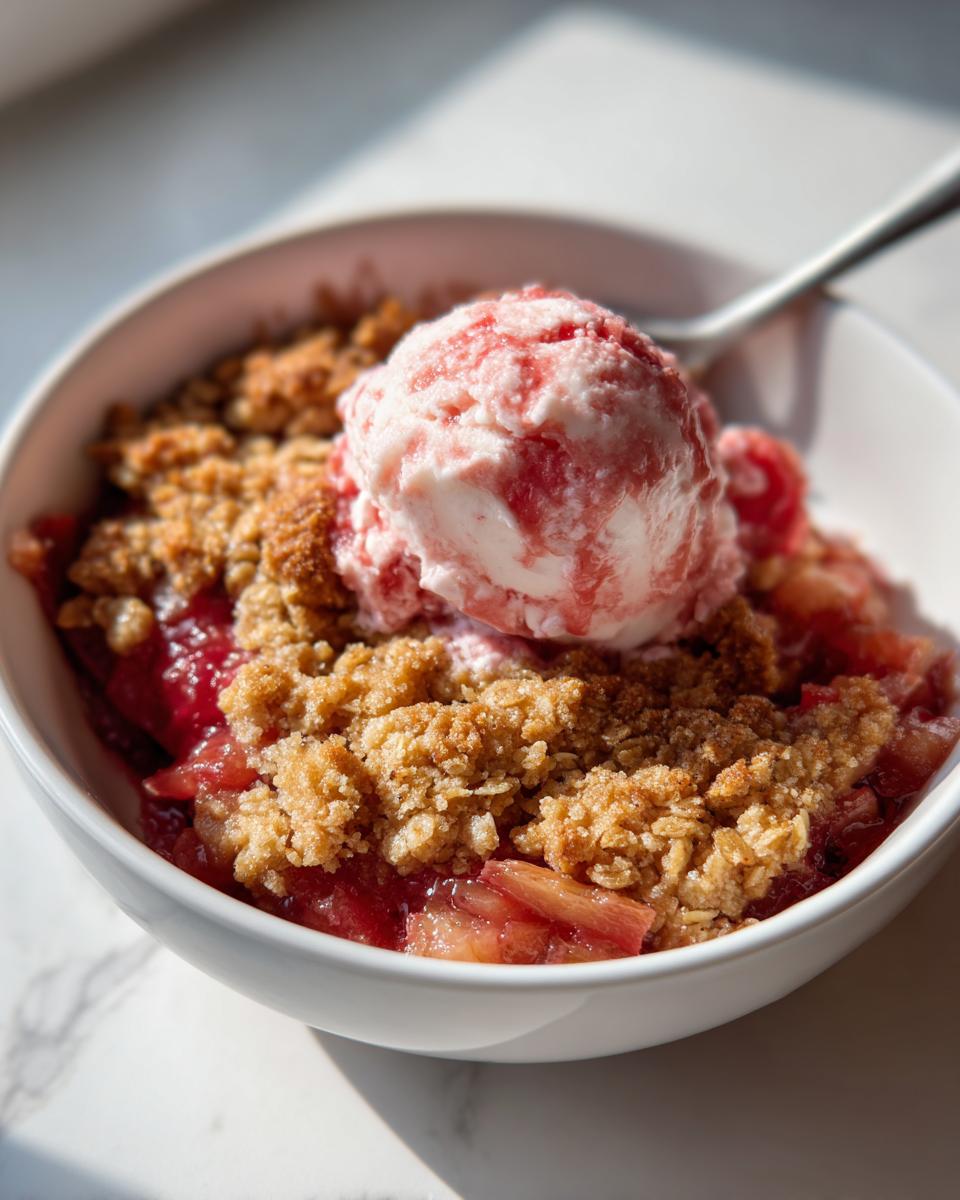 Close-up of a warm serving of rhubarb crisp with a golden oat topping and a scoop of strawberry swirl ice cream.
