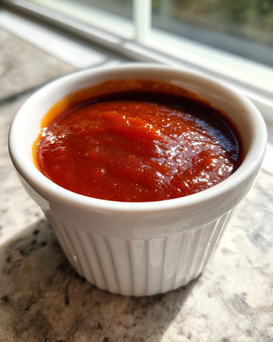 A close-up of thick, rich, homemade bbq sauce served in a small white fluted ramekin.