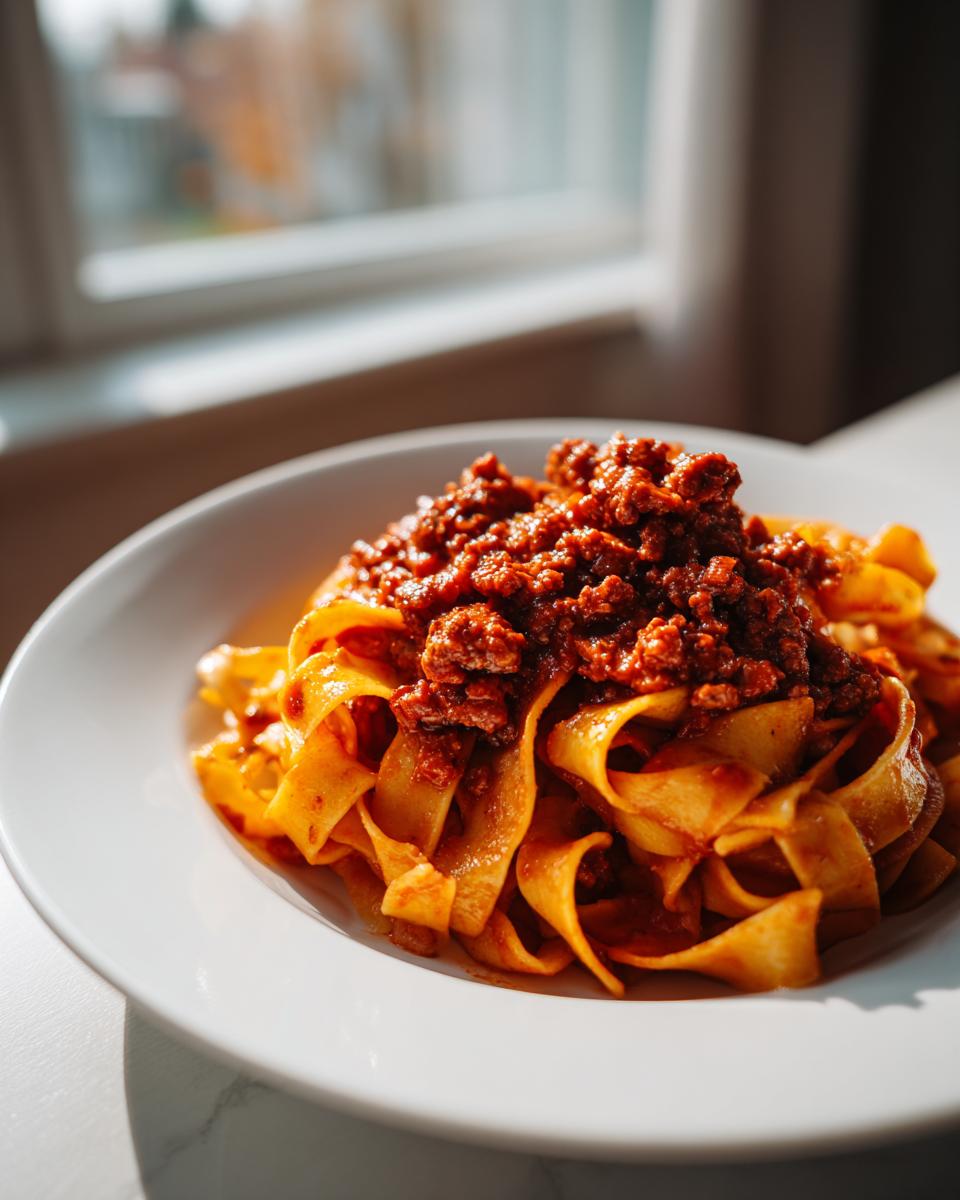 A close-up of wide egg noodles topped generously with rich, slow-cooked bolognese sauce in a white bowl.