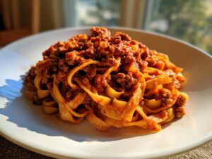 A close-up of fresh tagliatelle pasta generously topped with rich, slow-cooked bolognese sauce on a white plate.