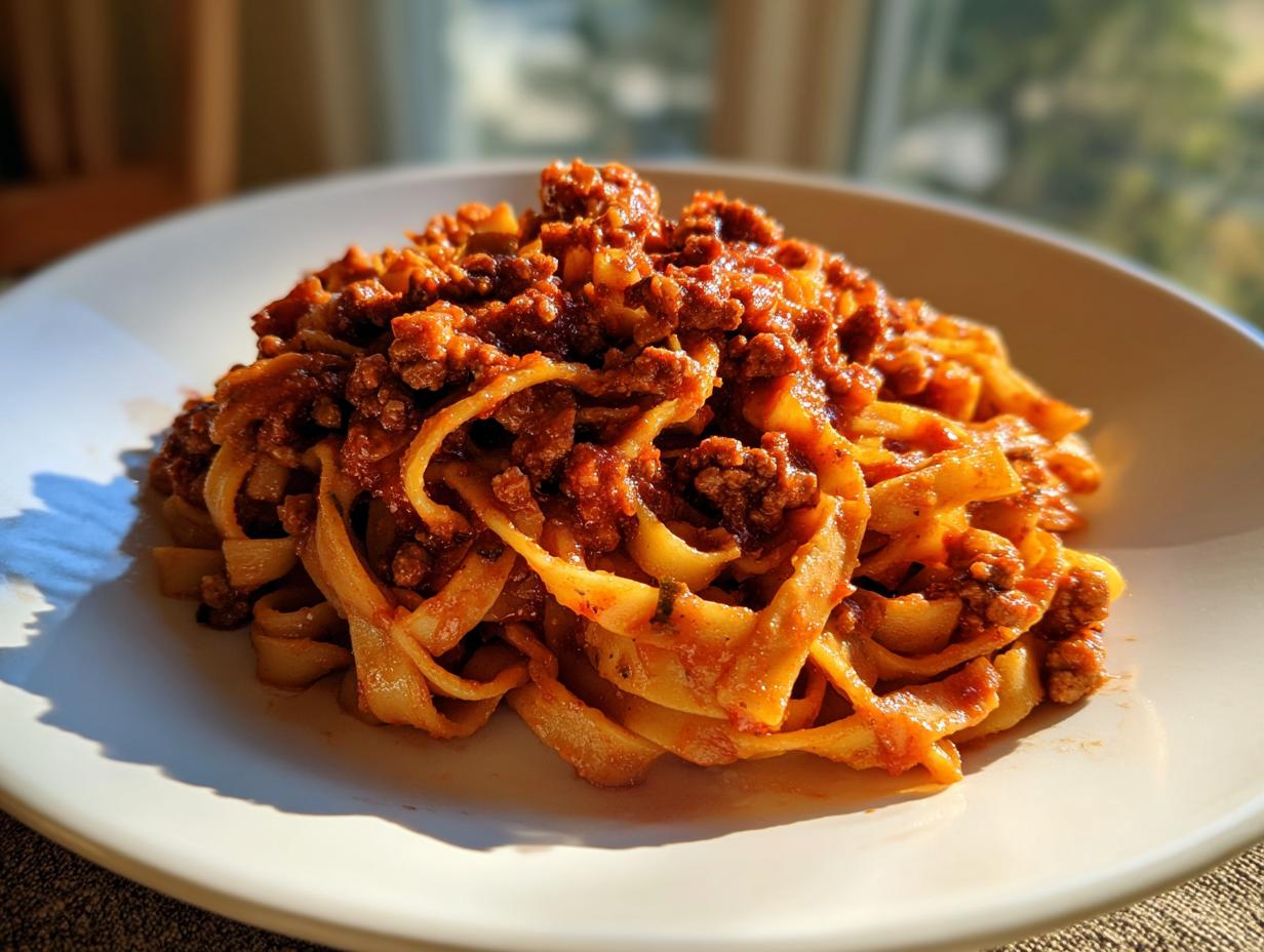 A close-up of fresh tagliatelle pasta generously topped with rich, slow-cooked bolognese sauce on a white plate.