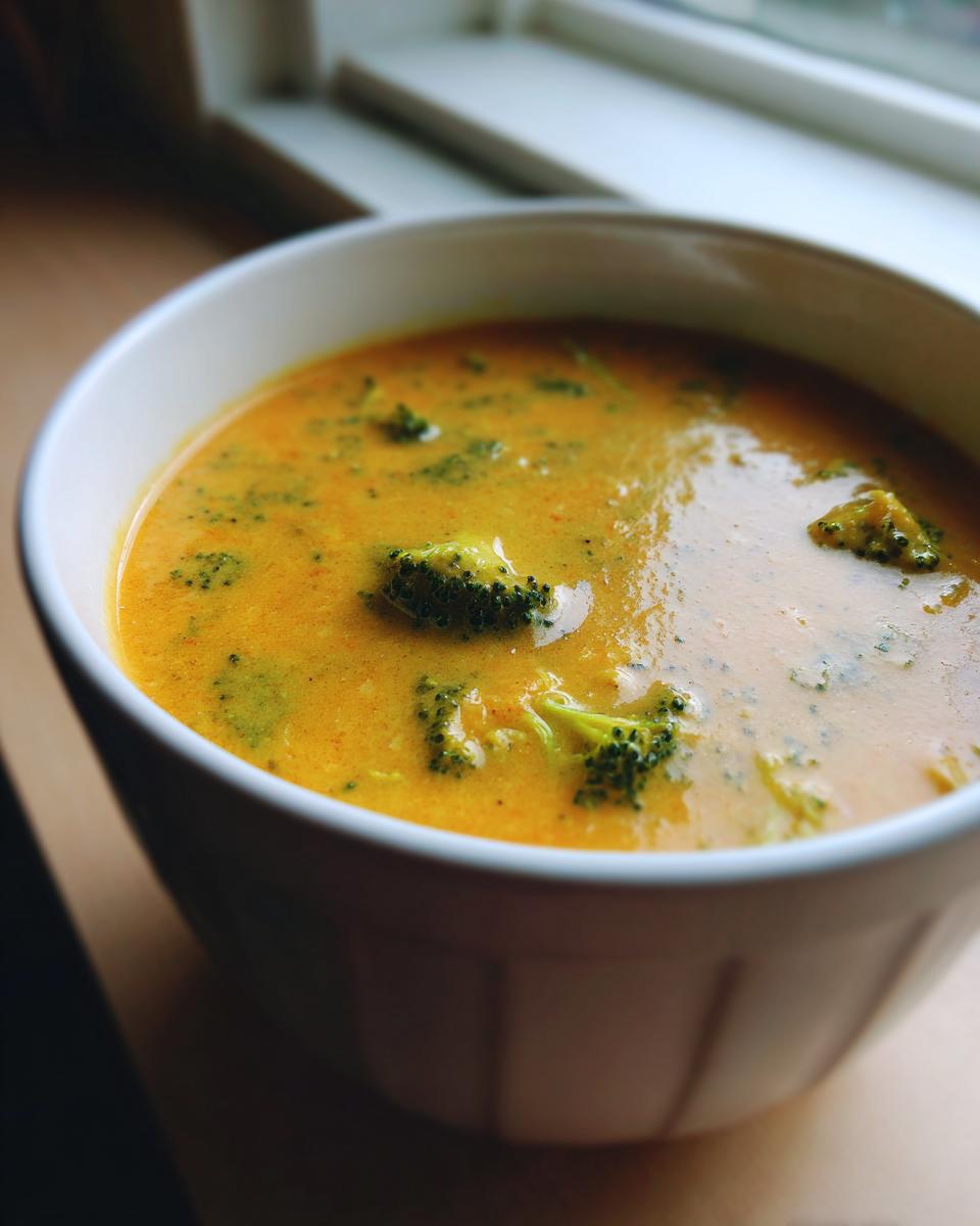 Close-up of a creamy, orange-yellow broccoli cheddar soup with visible florets in a white bowl near a window.