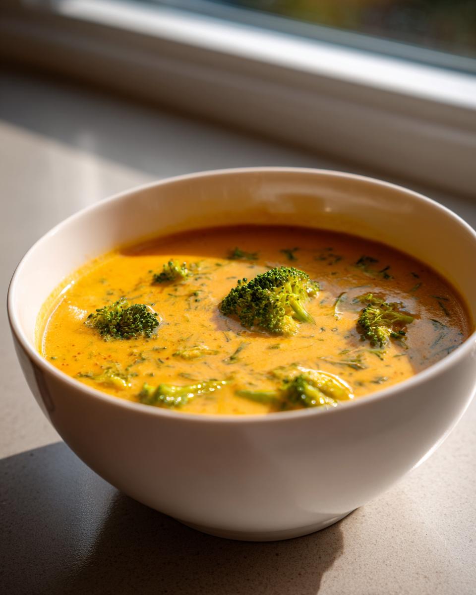 A close-up of a bowl of rich, orange-hued broccoli cheddar soup topped with fresh broccoli florets.