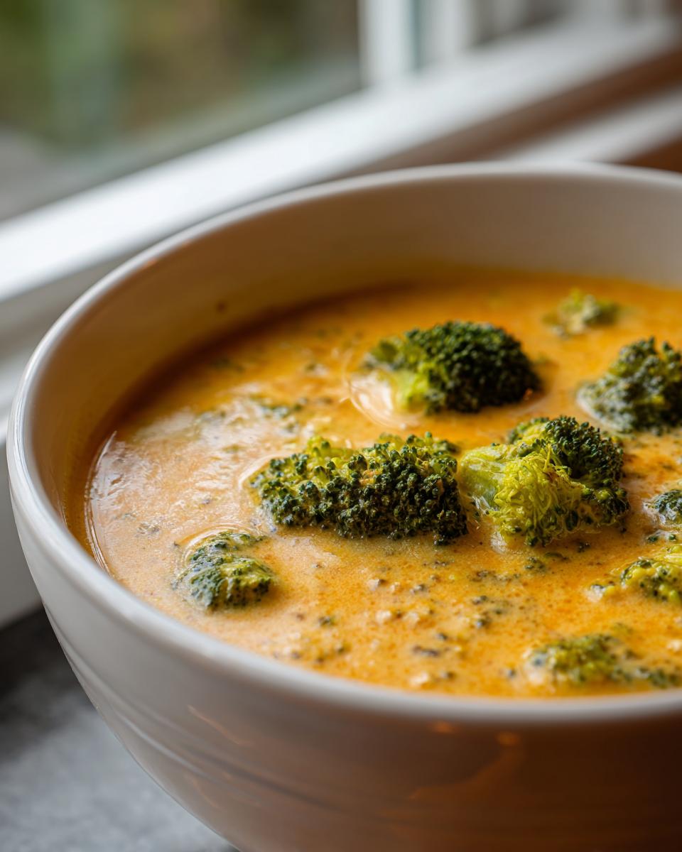 Close-up of a bowl of rich, creamy, orange-hued broccoli cheddar soup topped with bright green broccoli florets.