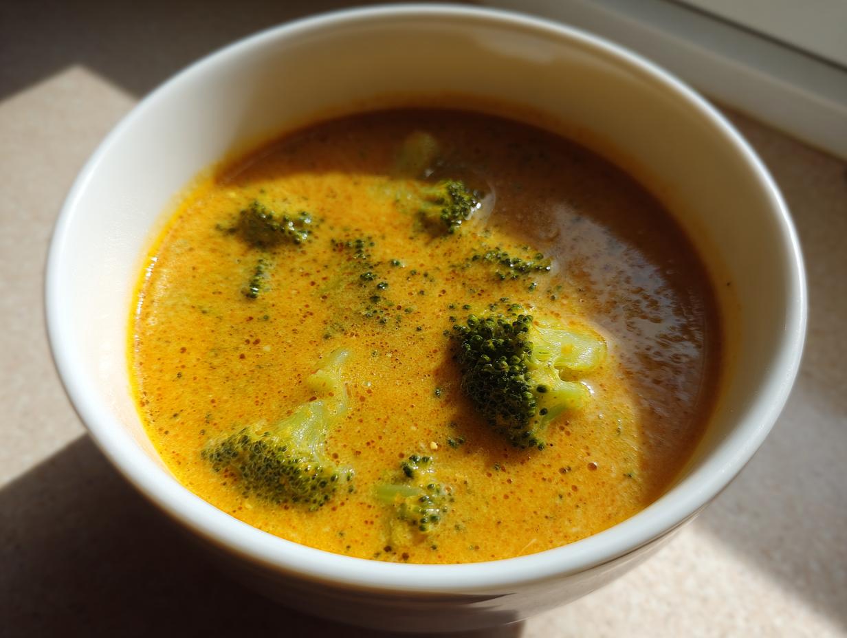 Close-up of a creamy, vibrant orange broccoli cheddar soup with visible florets in a white bowl.