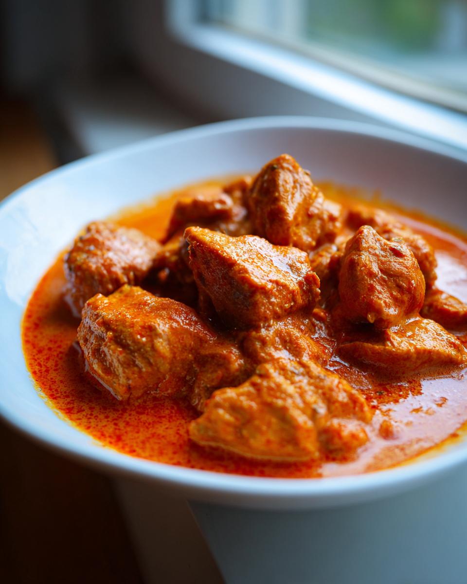 Close-up shot of tender chicken pieces swimming in a vibrant, orange-red sauce, showcasing the rich texture of butter chicken.