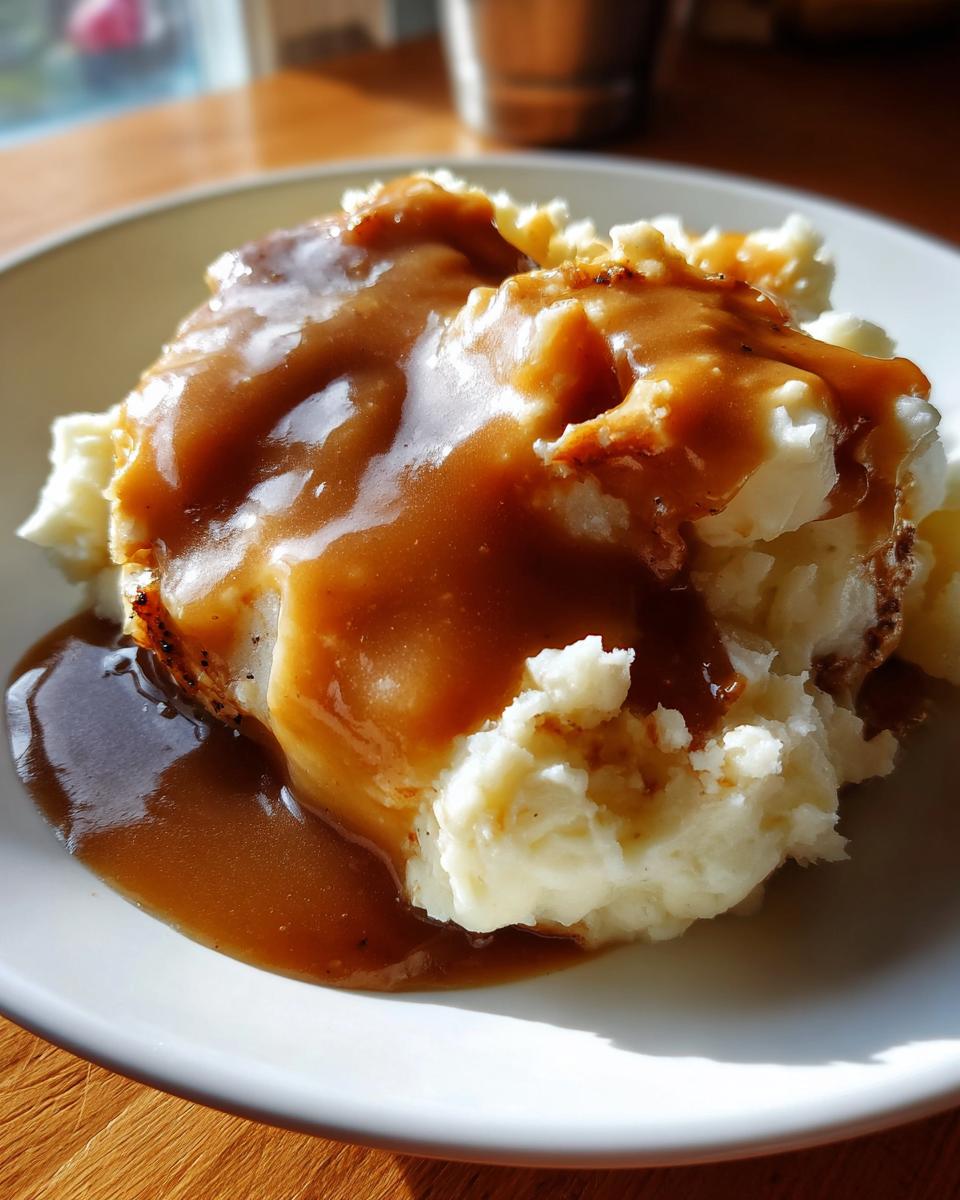 Close-up of creamy mashed potatoes generously topped with rich brown chicken gravy.