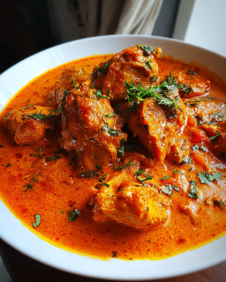 Close-up of chunks of chicken coated in a vibrant orange, creamy sauce, garnished with fresh cilantro, representing delicious butter chicken.