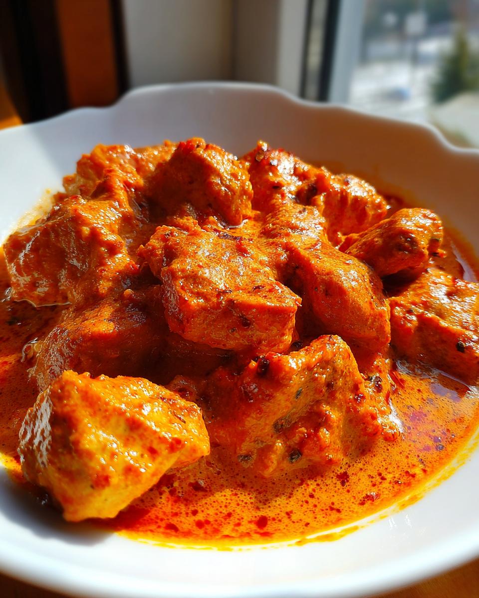 Close-up of succulent chicken pieces swimming in a vibrant, orange-red creamy sauce of butter chicken, served in a white bowl.