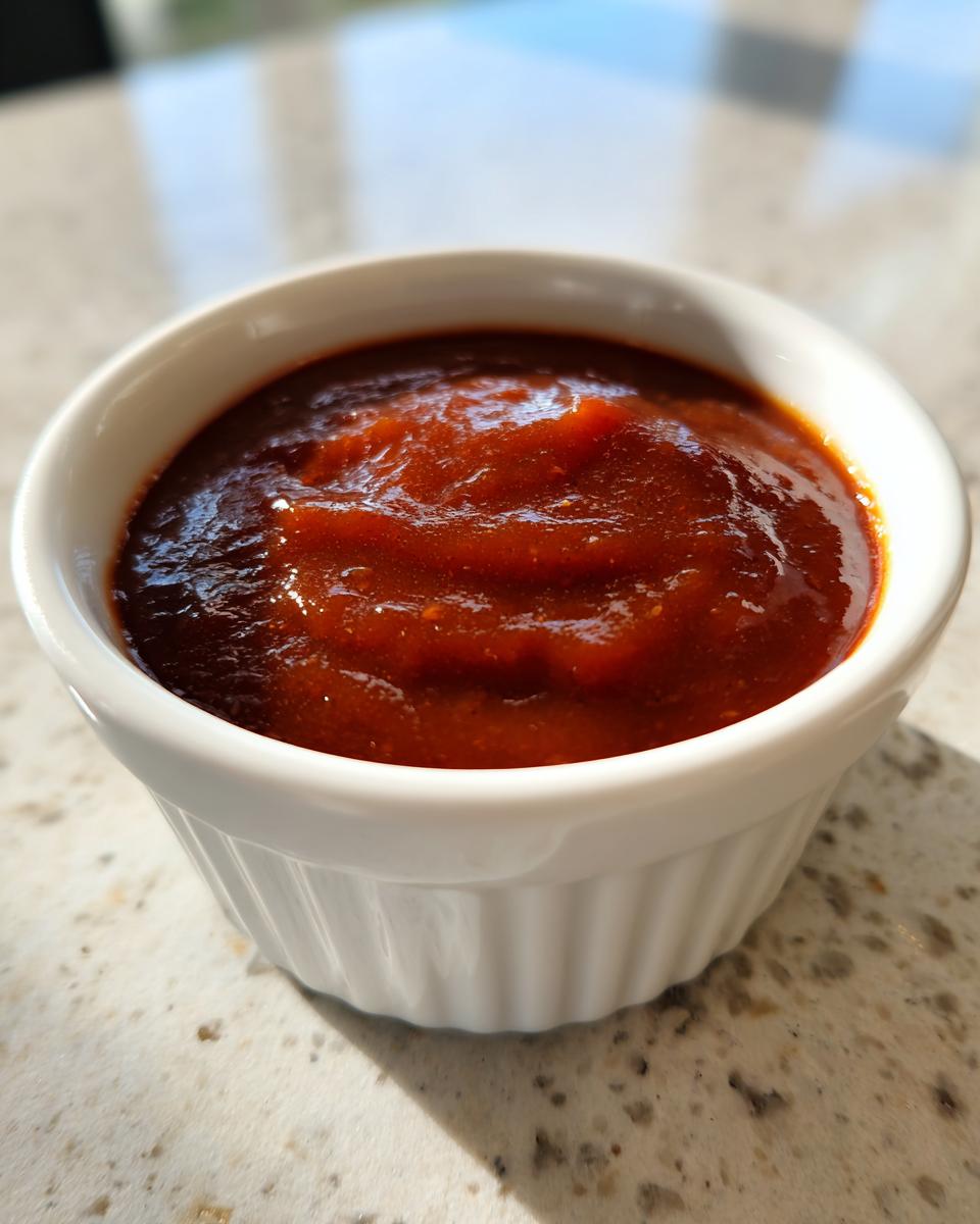 Close-up of thick, rich, homemade bbq sauce served in a small white fluted ramekin.